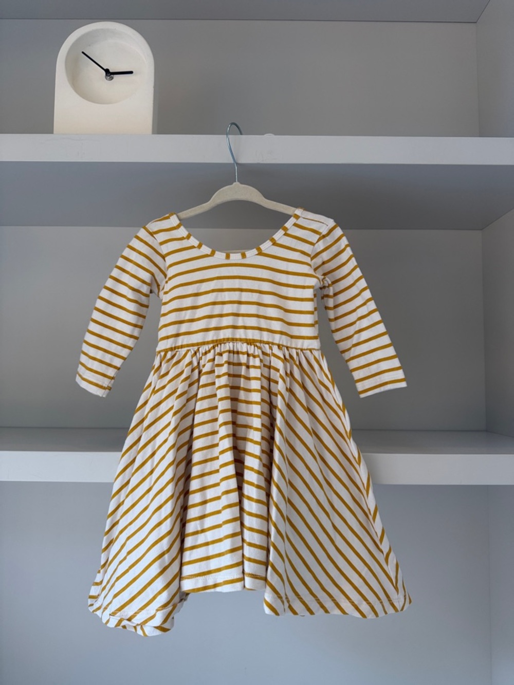Alice + Ames Girls' Striped Long-Sleeve Twirl Dress in Mustard and White